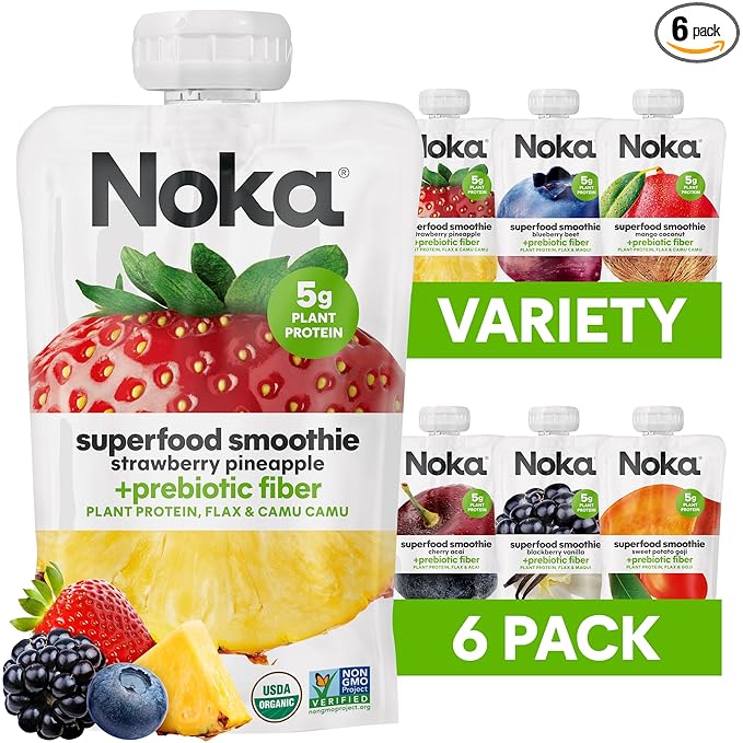 Noka Superfood Fruit Smoothie Pouches Variety Pack, Healthy Snacks with Flax Seed, Plant Protein and Prebiotic Fiber, Vegan and Gluten Free Snacks, Made in USA, Organic Squeeze Pouch, 4.22 oz, 6 Count