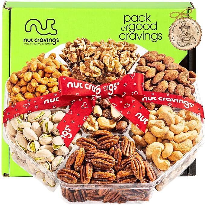 NUT CRAVINGS - Diwali Sweets Hamper Mixed Nuts Gift Basket + Heart Ribbon (7 Assortments) Food Arrangement, Healthy Snack Care Package, Food Assortments