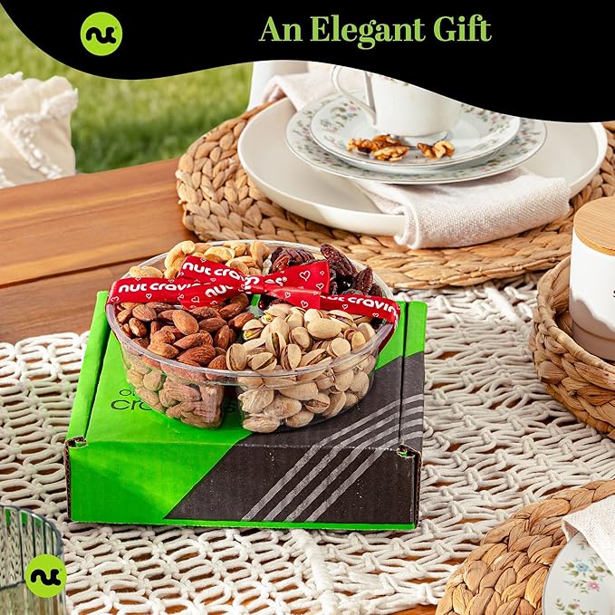 NUT CRAVINGS - Diwali Sweets Hamper Mixed Nuts Gift Basket + Heart Ribbon (4 Assortments) Food Arrangement, Healthy Snack Care Package, Food Assortments