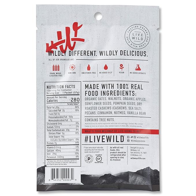 Wildway Keto Granola Snack Packs| Apple Cinnamon | Grain-Free Certified Gluten-Free Cereal | Vegan, Low Carb & No Sugar Added | Paleo-Friendly, Non-GMO Fruit & Nut Clusters | Nutrient-Rich | 12 Pack