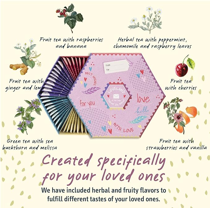 ACORUS | Loveland Tea Set | Natural Assorted Tea Hamper Box | Set of 6 flavors | Surprise your loved ones | Valentines box | Large Selection Box | Tea Gift Sets | 60 Tea Bags