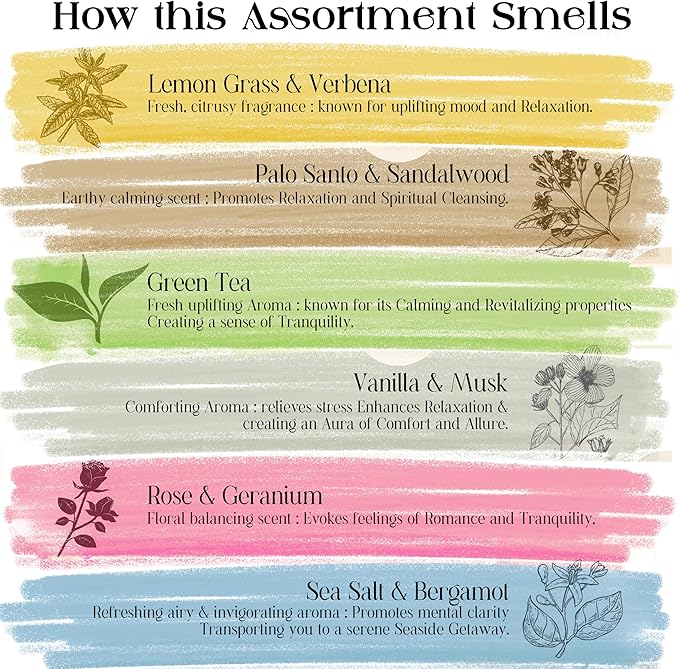 Raajsee Incense Sticks Organic Non Toxic - Pack of 6 Natural Inscents with Insence Holder -120 Sticks, Clean Burn, Boho Gift Set, Palo Santo & Sandalwood, Vanilla Musk, Rose, Green Tea, Lemon Grass