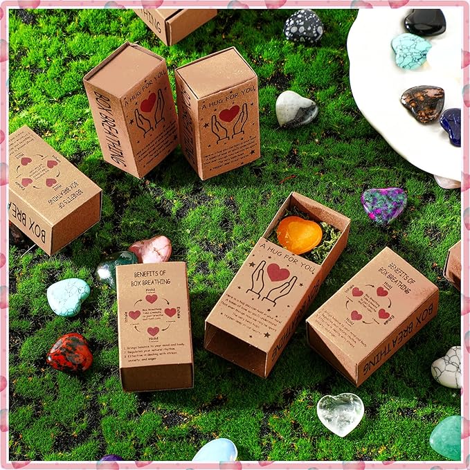 Landical 50 Sets Pocket Hug Token Gifts Small Crystal Heart Stones Bulk with Boxes Mini Heart Shape Natural Stones for Colleagues Family Distance Social Celebration of Life Gifts(Classic)