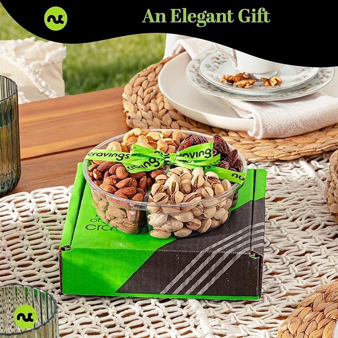 NUT CRAVINGS - Diwali Sweets Hamper Mixed Nuts Gift Basket + Green Ribbon (4 Assortments) Food Arrangement, Healthy Snack Care Package, Food Assortments
