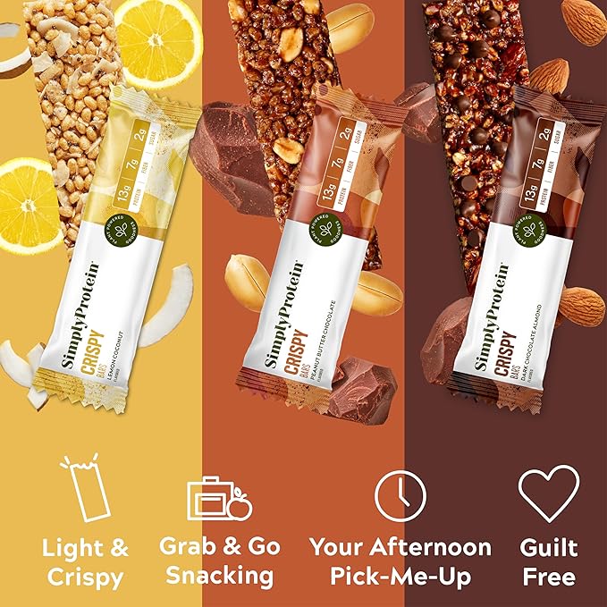 Simply Protein - Crispy Vegan Protein Bars Variety Pack, 3 Flavors - Plant Based, Protein Snacks - 13g Protein, 2g Sugar, 7g Fiber - Gluten Free, Non GMO, Kosher - 12 Bars, 3 Boxes