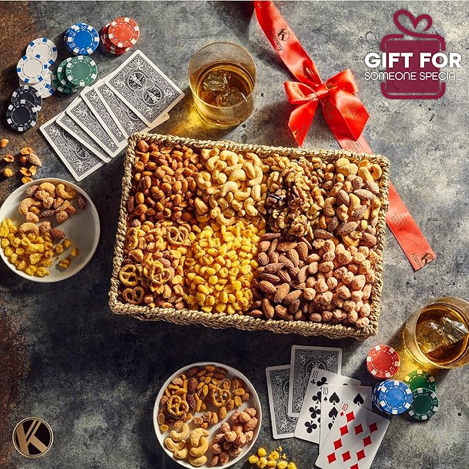 KREMERY Gourmet Nut Gift Basket - Diwali Sweets Hamper Mixed Nuts Gift Basket in Seagrass Tray with Ribbon (8 Assortments) Healthy Snack Care Package, Food Assortments
