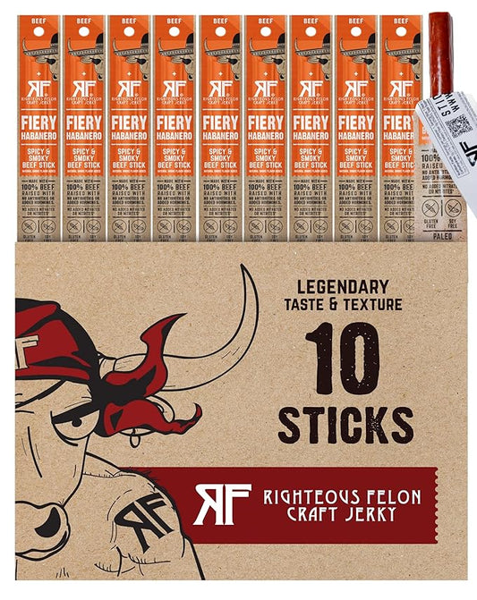 Righteous Felon Meat Sticks | 100% Beef Sticks | Gluten Free & Keto Meat Sticks | Low Sugar & High Protein Beef Sticks | Healthy Snack for Adults | Jerky Gifts for Men | Fiery Habanero, 10 Pack
