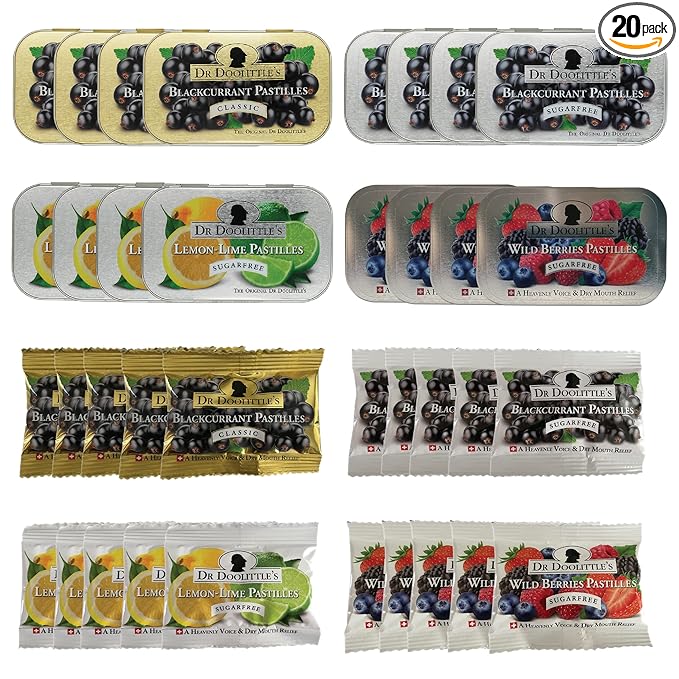 Dr. Doolittle’s Soft Fruit Pastilles Classic and Sugar Free Variety Pack for Voice and Throat, Blackcurrant, Lemon Lime, Wild Berries, 2.12 Ounce Tin, 16 Pack and .33 Ounce Travel Size Bag, 20 Pack