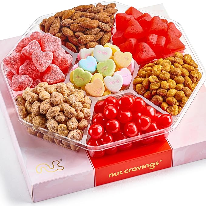 NUT CRAVINGS - Diwali Sweets Hamper Mixed Nuts & Heart Candy Gift Basket in Red Gold Box (7 Assortments, 1 LB) Food Arrangement, Healthy Snack Care Package, Food Assortments