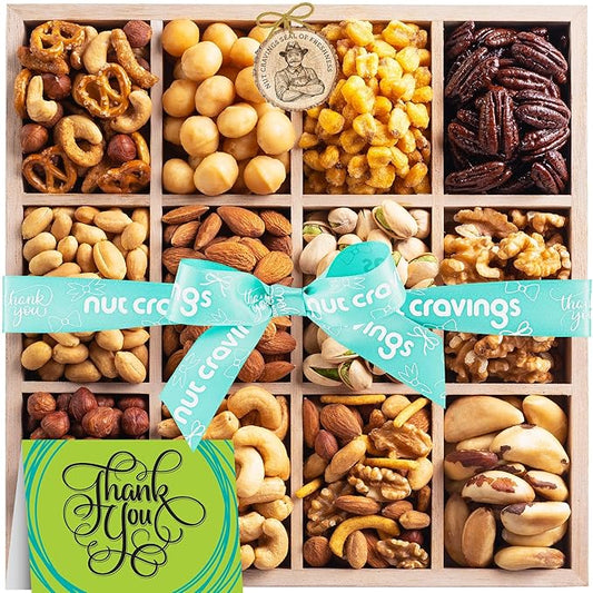 NUT CRAVINGS Gourmet Collection - Thank You Appreciation, Nuts Gift Basket with TY Ribbon + Greeting Card in Reusable Wooden Tray (12 Assortments) Food Arrangement, Healthy Snack Care Package