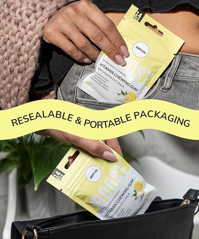 Xylitol Gum Vitamin | Healthy, Sugar Free, Plastic Free, Natural Chewing Gum, Multivitamin A,B6,C & D | Aspartame Free, Boost, Vegan, Gluten Free, Keto | Lemon, 4 pack (56pcs)