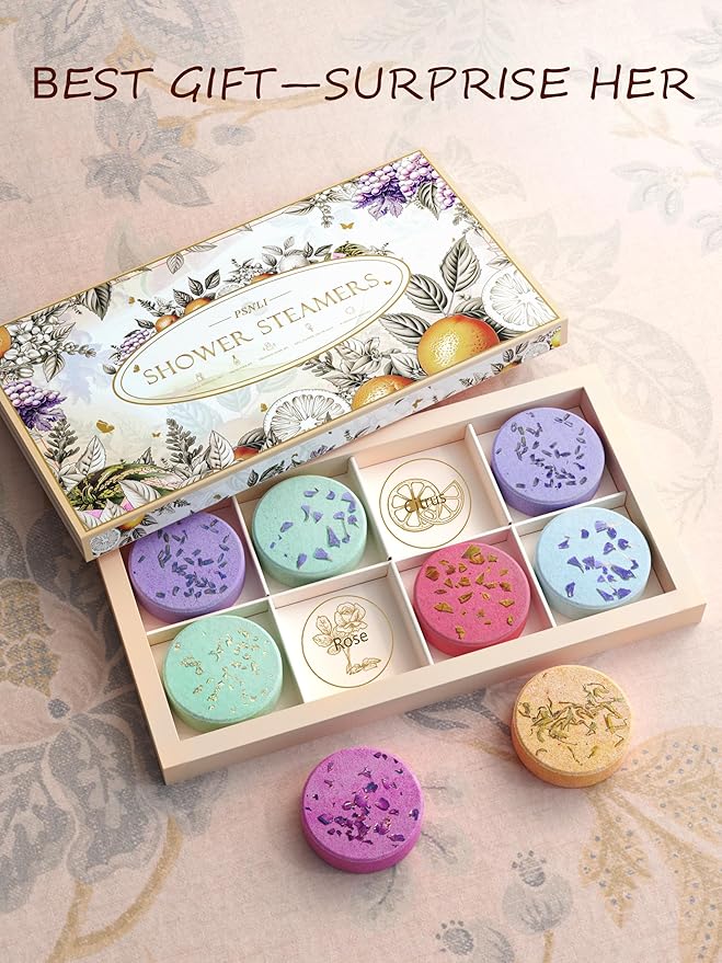 Shower Steamers Aromatherapy Stocking Stuffers 8 Scents, Christmas Gifts for Women Elegant Packaging Birthdays Gifts for Mom, Natural Essential Oil Home Spa Self Care & Relaxing Fruit