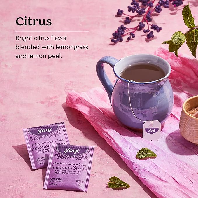 Yogi Tea Elderberry Lemon Balm Immune & Stress Tea - 16 Tea Bags per Pack (6 Packs) - Organic Immune Support Tea - Includes Ashwagandha Root, Lemon Balm Leaf, Lemongrass, Licorice Root & More.