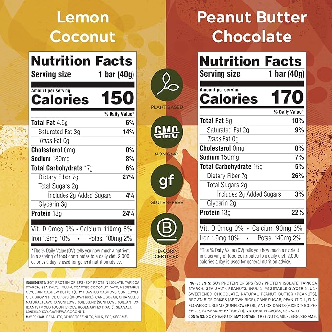 Simply Protein - Crispy Bars Variety Pack, Peanut Butter + Lemon Coconut - Plant Based Protein Bars - 13g Protein, 2g Sugar, 7g Fiber - Vegan, Gluten Free, Non GMO, Kosher - 16 Bars, 2 Boxes