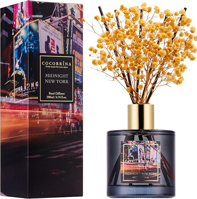 COCORRÍNA Reed Diffuser - Midnight New York 6.7 Fl.oz Reed Diffuser Set with 8 Sticks & Preserved Baby's Breath, Reed Diffuser for Home Bathroom Shelf Decor