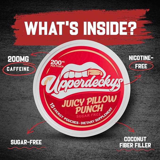 Upperdeckys, Juicy Pillow Punch Caffeine Energy Pouches - Free Replacement/Alternative for Focus and Energy - Sugar Free Nootropic Pouches, Made in the USA & Delicious Flavor (4-Pack, 200mg)