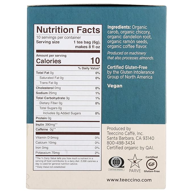 Teeccino Dandelion Dark Roast and Dandelion Caramel Nut Tea Variety Pack - Caffeine-Free, Roasted Herbal Tea with Prebiotics, Gluten Free - 10 Tea Bags (Pack of 4)