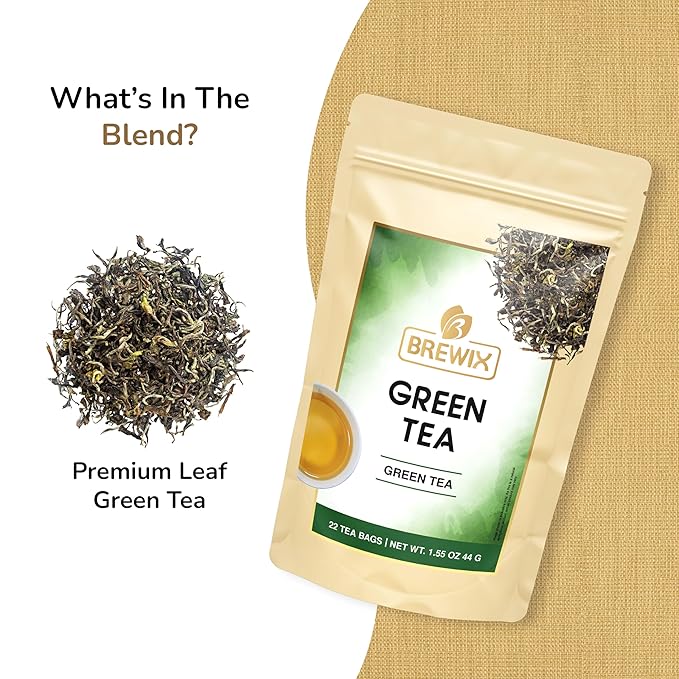 BREWIX, Green Tea (22 Pyramid Tea Bags) | Supports Overall Health, Natural & Pure High Grown Green Tea | Caffeinated & Gluten Free | Direct From India