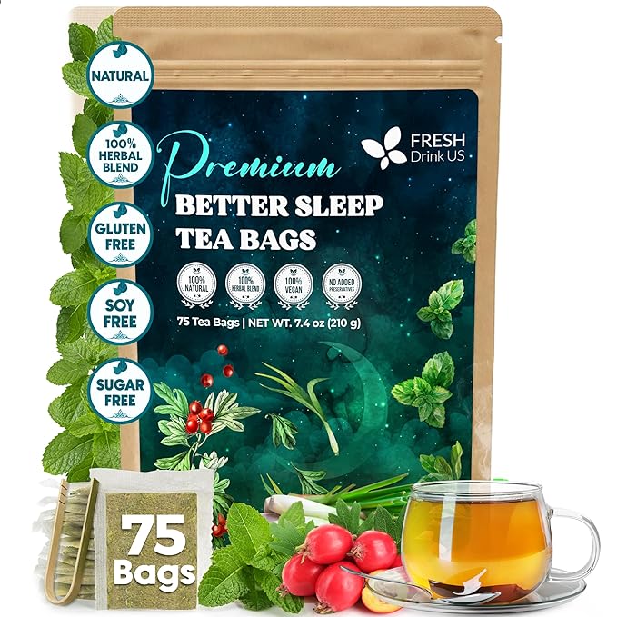 FreshDrinkUS, Premium 75 Tea Bags Better Sleep Herbal Tea | Special Herbal Sleep Tea, Caffeine-Free Loose Leaf Blend with Spearmint Leaves, Lemongrass Leaves, and Hawthorn Berry β Naturally Refreshing and Aromatic.