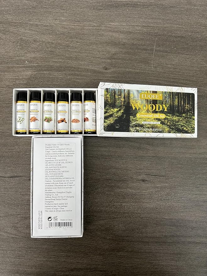 EUQEE 10ml Woody Essential Oils Set - Pure & Nature Essential Oils for Aromatherapy, Diffuser, Candle Making, Massage - Eucalyptus, Cedarwood, Sandalwood, Frankincense, Cinnamon
