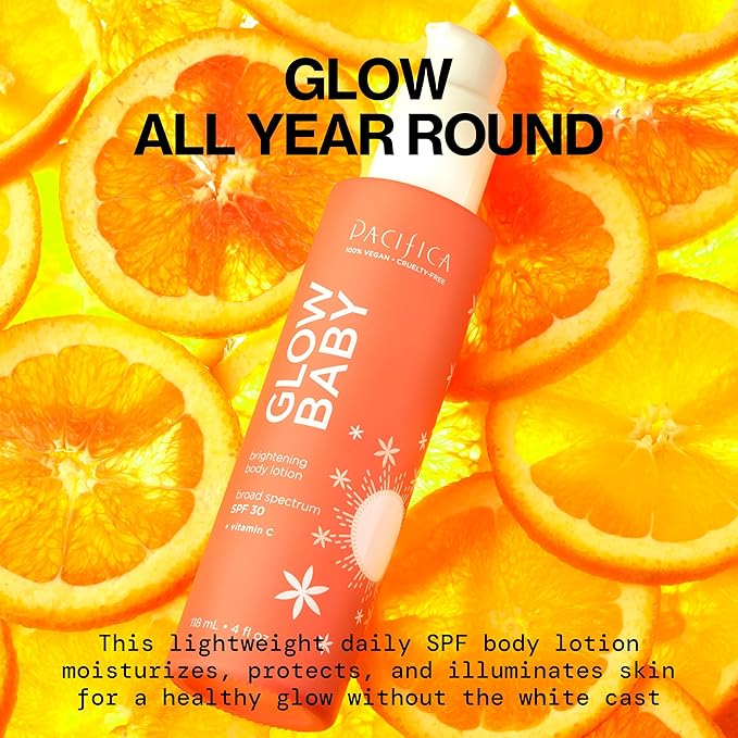 Pacifica Glow Baby Vitamin C SPF 30 Body Lotion – Brightening Daily Moisturizer + Broad Spectrum Sun Protection, Hydrating No White Cast Sunscreen for Glowing Skin, Clean Vegan & Cruelty-Free Skincare