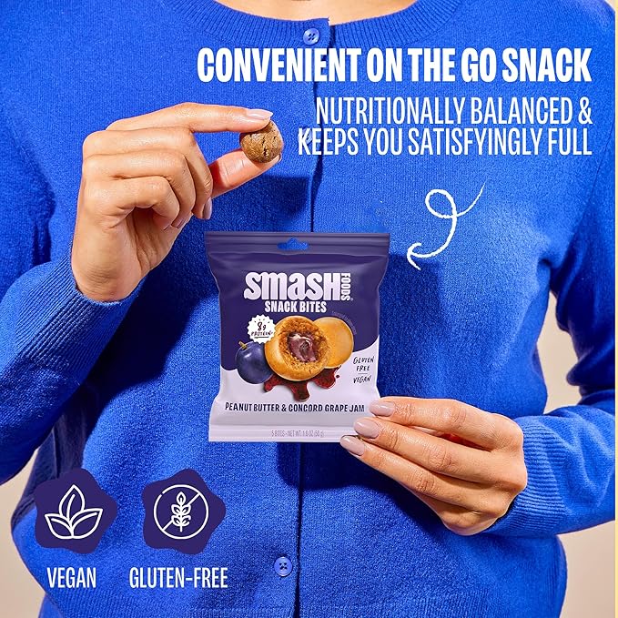 Smash Foods Grape Energy Bites | 5 Gluten-Free Vegan Snack Balls with No Sugar Added | 8g Protein, Superfood Jam, Chia Seeds | On-the-Go Convenience | Peanut Butter & Grape | 8 Packs