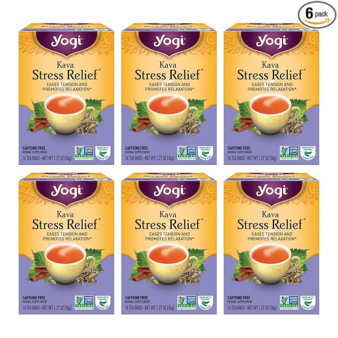 Yogi Tea - Kava Stress Relief (6 Pack) - Eases Tension and Promotes Relaxation - Caffeine Free - 96 Herbal Tea Bags