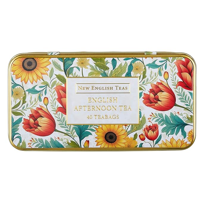 New English Teas Victorian Sunflower Tea Tin with 40 English Afternoon Teabags, Inspired by Embroidery & Textile Styles