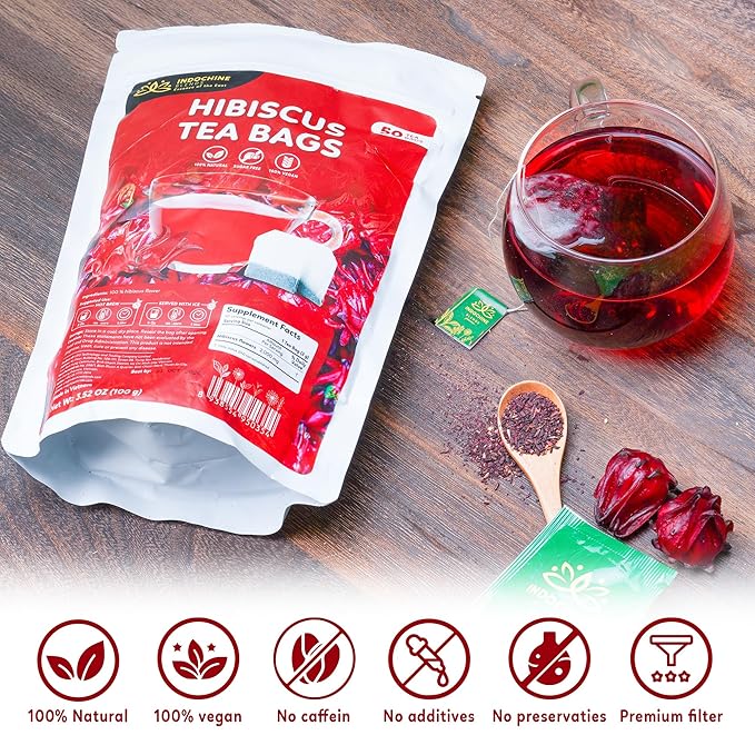 Indochine Blends Hibiscus Tea Bags | 100% Pure Hibiscus Flower | Sugar-Free, Caffeine-Free Herbal Tea | Double Chamber, Individually Wrapped Bags| Rich in Natural Goodness and Flavor | 3.5 oz | 50 Tea Bags