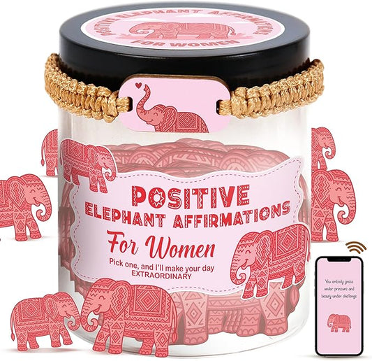 60 Positive Elephant Cards Jar, Affirmation Cards for Women, Emotional Support Gift, Elephants Gifts for Women, White Elephant Gifts