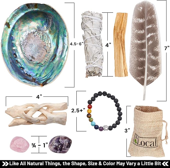 Aura Chakra Smudging Kit - White Sage Smudge Sticks, Palo Santo, Amethyst, Rose Quartz, Abalone Shell, Stand & Chakra Bracelet