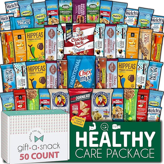 Gift A Snack - Haloween Trick or Treats Healthy Snack Box Care Package + Greeting Card (50 Count) Birthday Treats Gift Basket, Nutritious Granola Breakfast Bars, Office Food Assortments