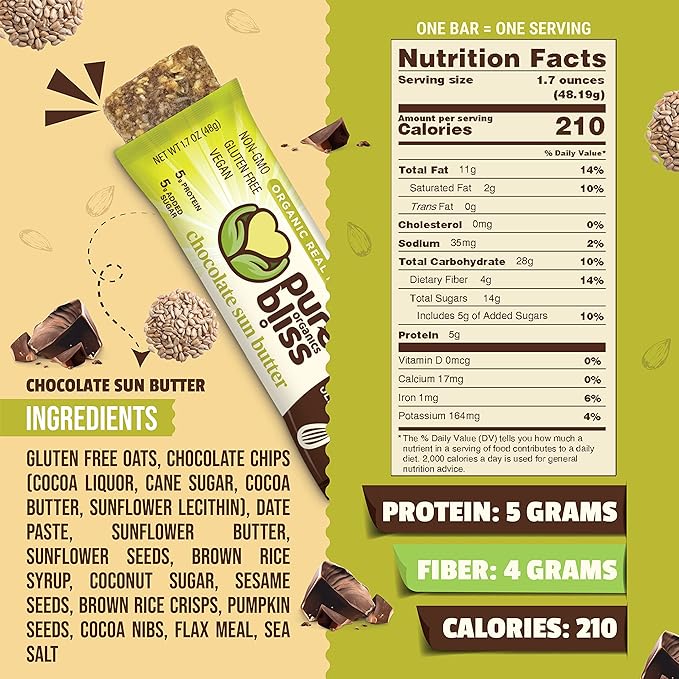 Organic Real Food Bar (Chocolate Sun Butter) Non-GMO, Gluten Free, Vegan, Nutrition Bars, Energy Bars, Super Food Simple Ingredients, Best Tasting, Healthy Snack, Breakfast Bars, Dairy Free, Soy Free, Pure Bliss Organics (1.7 oz bar, 12-Pack Case)