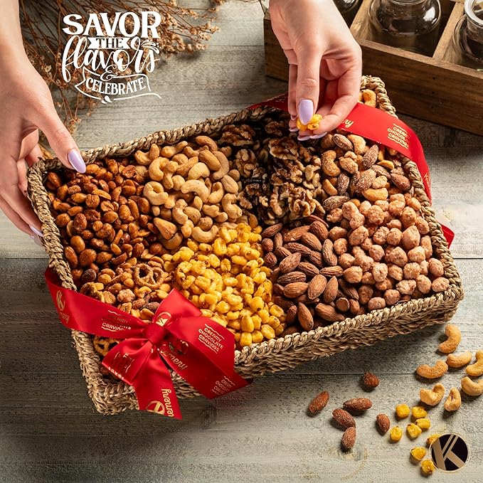 KREMERY Gourmet Nut Gift Basket - Diwali Sweets Hamper Mixed Nuts Gift Basket in Seagrass Tray with Ribbon (8 Assortments) Healthy Snack Care Package, Food Assortments