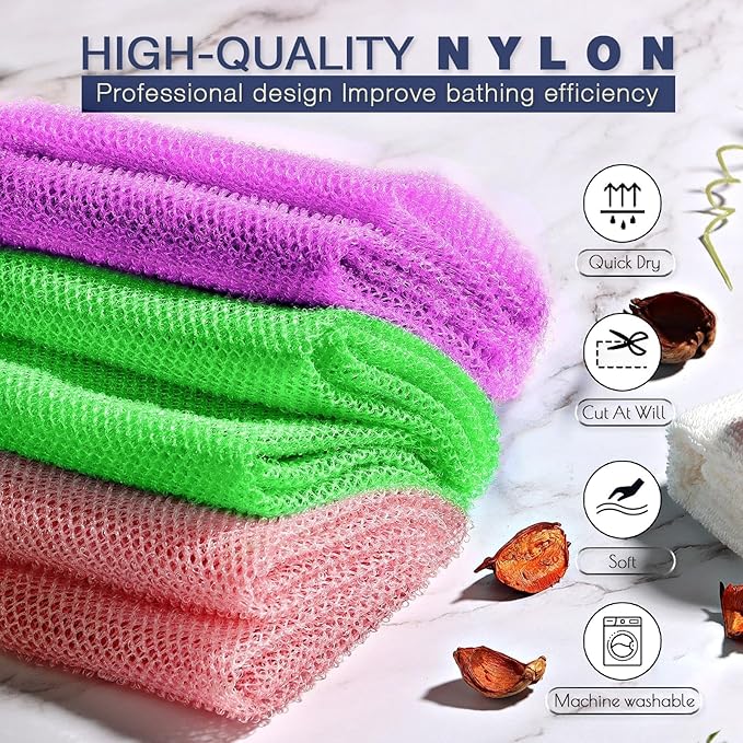 UJFQBH 3 Pieces African Bath Sponge African Net Long Net Bath Sponge Exfoliating Shower Body Scrubber Back Scrubber Skin Smoother,Great for Daily Use (Purple, Pink,Green)