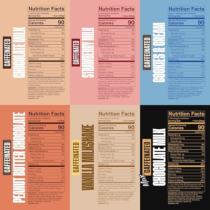 Spylt High Protein Milk - 6 Flavor Variety Pack with 60mg Caffeine & 20g Protein - 90 Calories, Ready to Drink, Sugar Free, Lactose Free Milk, Perfect for Workout Recovery & Afternoon Pick Me Up - 12 Count