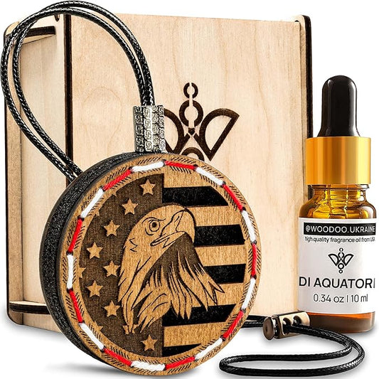 Wood Car Air Freshener — Handcrafted Air Freshener — American Flag Hanging Fragrance Oil Diffuser in Wooden Gift Box — Father’s Day Gift for Car with diAquatoria Fragrance Oil - 10 ml
