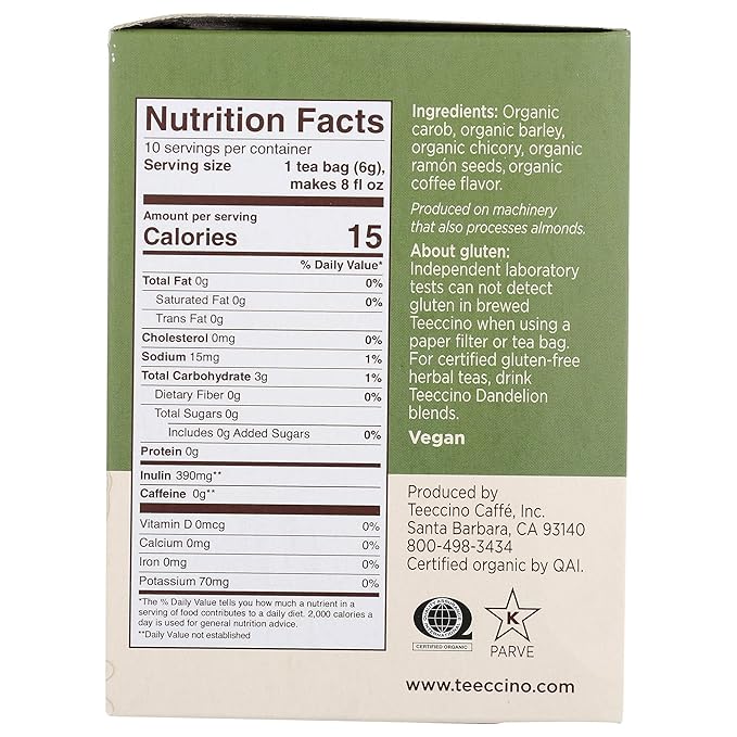 Teeccino French Roast Herbal Tea - Rich & Roasted Herbal Tea That’s Caffeine Free & Prebiotic for Natural Energy, Coffee Alternative, 10 Tea Bags