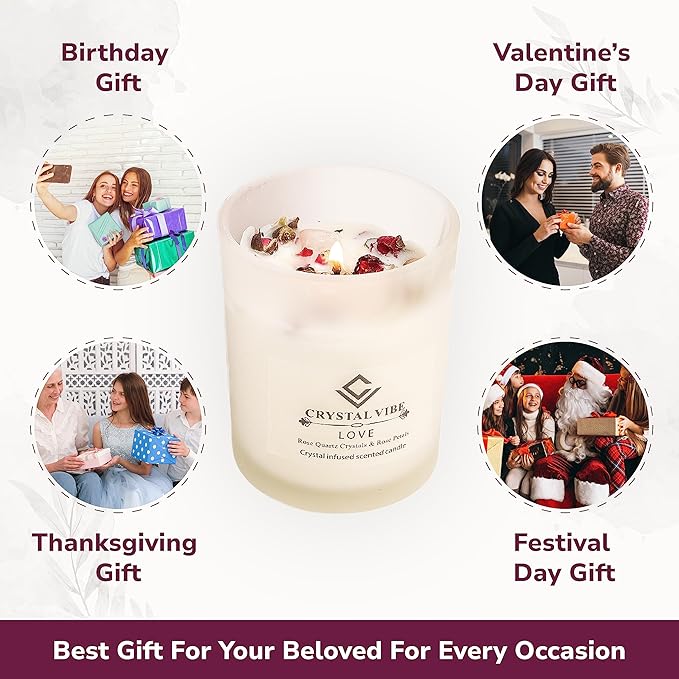 Crystal Vibe Rose Scented Candle for Love Romance Attraction - Love Candle with Rose Quartz Crystals - Aromatherapy Candles