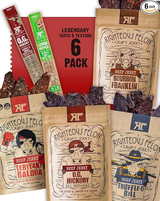 Righteous Felon Savory Beef Jerky Variety Gift Pack - Great Gifts for Men | Gluten Free, High Protein Healthy Snack | Bulk Beef, Pork, & Turkey Jerky Variety Snack Packs | The Savory 6 Pack Sampler