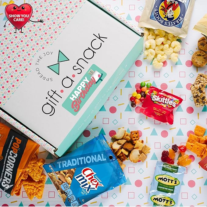 Gift A Snack - Happy Birthday Snack Box Variety Pack Care Package + Greeting Card (45 Count) Bday Sweet Treats Gift Basket, Candies Chips Crackers Bars - Food Assortments Assortments & Variety Gifts