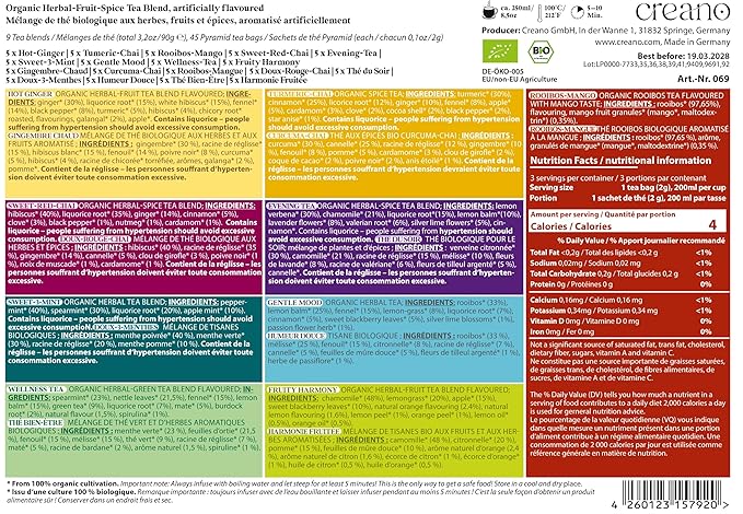 Creano Organic Herbal Tea Gift Set Grey - 45 Organic Tea Bags in 9 Different Varieties - 90 g