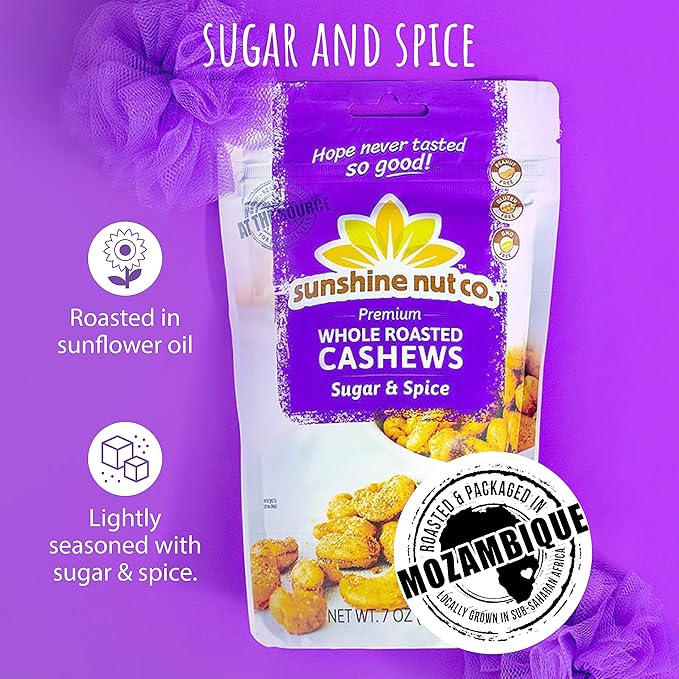Sunshine Nut Company Whole Roasted Lightly Salted Cashews, Sugar and Spice Flavor, 2 Pack, 7 oz. Each, Gluten Free, Peanut Free and Vegan Individual Snack Packs for Kids and Adults, GMO Free