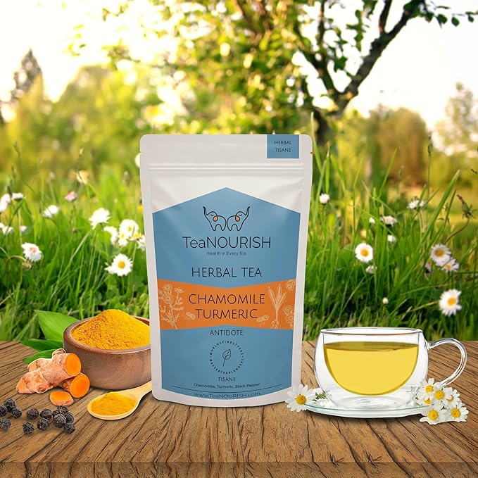 TeaNOURISH Chamomile Turmeric Herbal Tea | Calming and Relaxing | Chamomile, Turmeric, Black Pepper | Stress Buster | CAFFEINE-FREE | 100% NATURAL - 1.76oz/50g