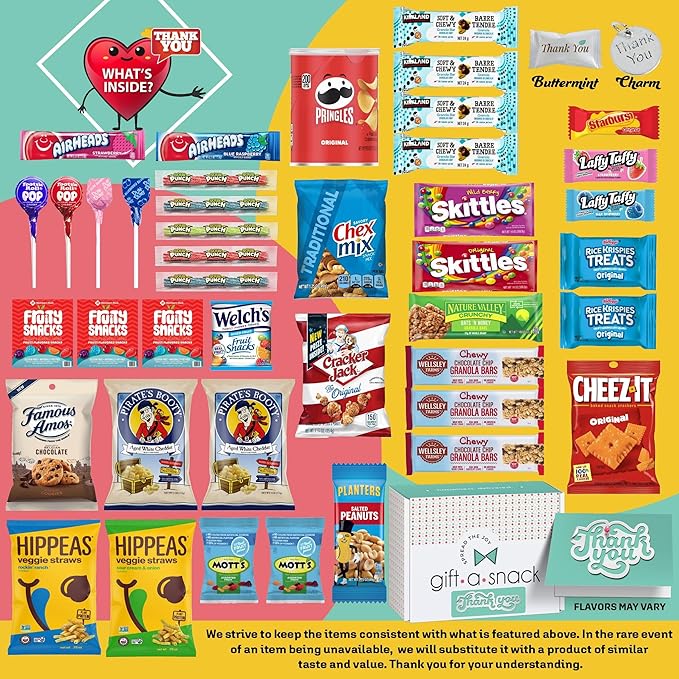 Gift A Snack - Thank You Snack Box Variety Pack Care Package + Greeting Card (45 Count) Appreciation Sweet Treats Gift Basket, Candies Chips Crackers Bars - Cravy Food Assortments & Variety Gifts