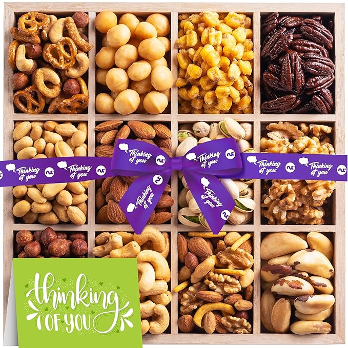 NUT CRAVINGS Gourmet Collection - Thinking of You, Nuts Gift Basket with Thinking of You Ribbon + Greeting Card in Reusable Wooden Tray (12 Assortments) Food Arrangement Healthy Snack Food Assortments