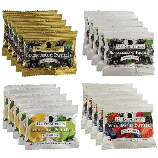 Dr. Doolittle’s Soft Fruit Pastilles Sugar Free and Classic Variety Pack for Voice and Throat, Travel Size Bag, approximately 4 Count Package, 20 Pack