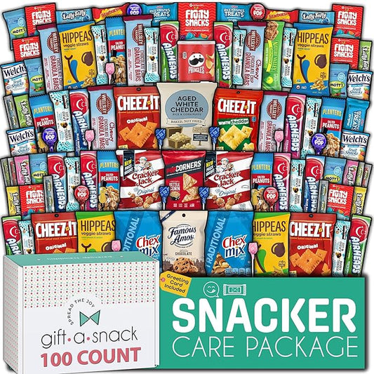 Gift A Snack - Haloween Trick or Treats Snack Box Variety Pack Care Package + Greeting Card (100 Count) Birthday Sweet Treats Gift Basket, Candies Chips Crackers Bars, Office Food Assortments