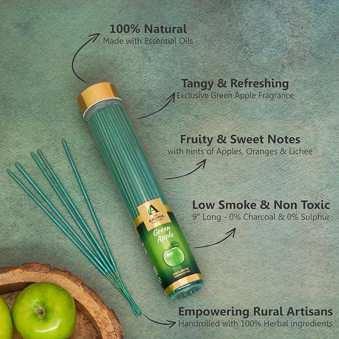 The Aroma Factory Agarbatti, Luxury Green Apple Incense Sticks, Low Smoke & Zero Charcoal, Premium, Fresh, & Fruity Fragrance for Home, Meditation 100G X 1Bottle Pack 4 Cm X 4 Cm X 26 Cm Multicolour