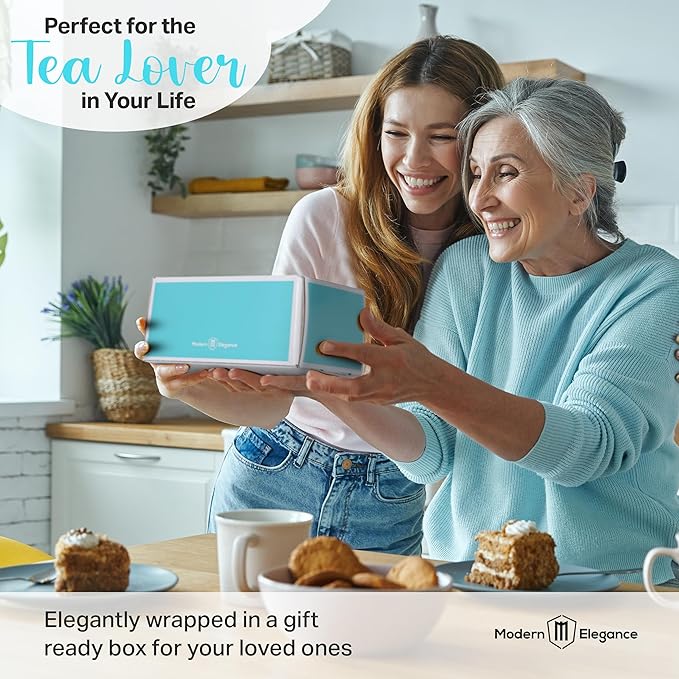 Tea Gift Set for Women and Men – Elegant Tea Sets for Women Gift with 15 Unique Teas, Stainless Steel Tumbler & 10 Honey Straws in Premium Box (Blue)